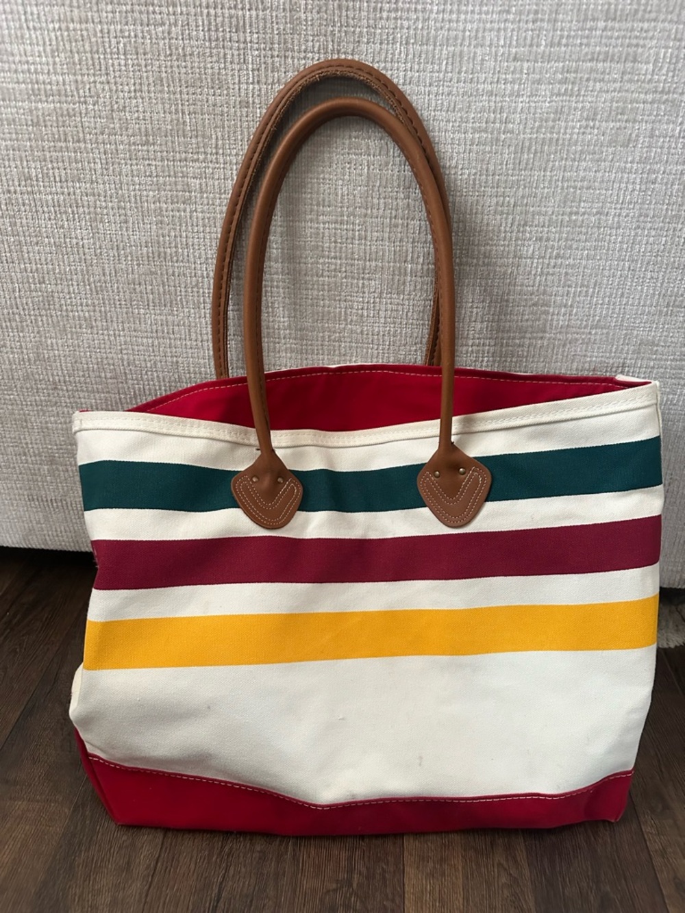 L.L. Bean Canvas Tote with Green, Burgundy, Yellow & Cream Stripes - Picture 2 of 8